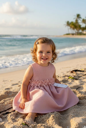 Vestido en Lino con  Flores en el Pecho