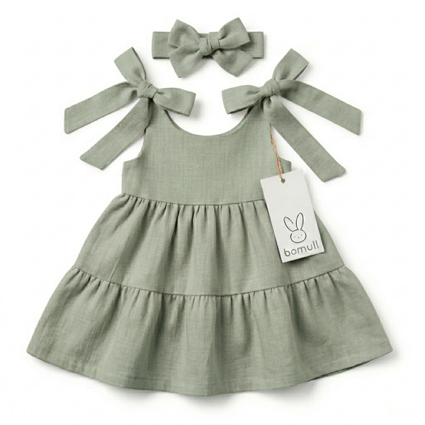 Vestido en Lino 2 Franjas Moño en Hombro